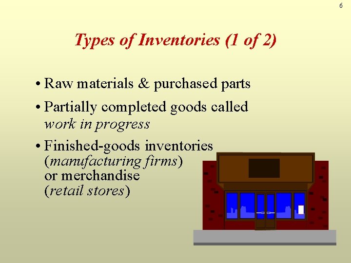6 Types of Inventories (1 of 2) • Raw materials & purchased parts •