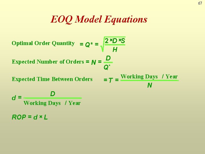 67 EOQ Model Equations 2 ×D ×S H D Expected Number of Orders =