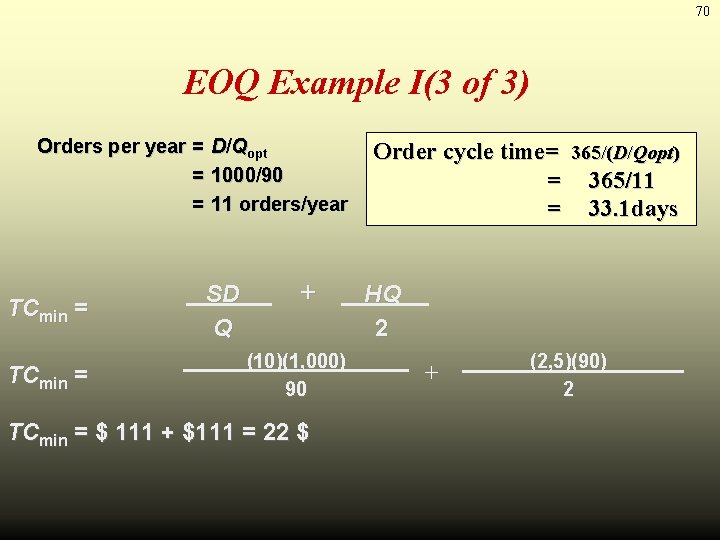 70 EOQ Example I(3 of 3) Orders per year = D/Qopt = 1000/90 =