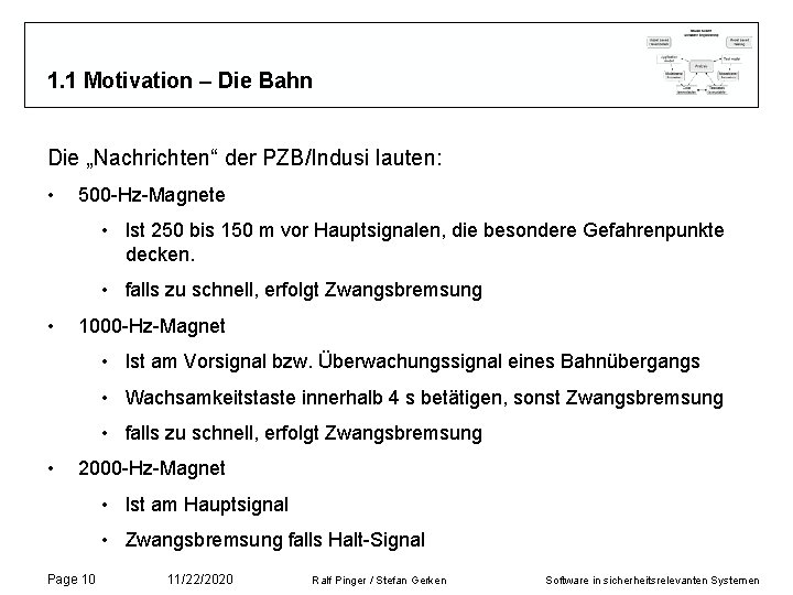 1. 1 Motivation – Die Bahn Die „Nachrichten“ der PZB/Indusi lauten: • 500 -Hz-Magnete 1. 1 Motivation – Die Bahn Die „Nachrichten“ der PZB/Indusi lauten: • 500 -Hz-Magnete