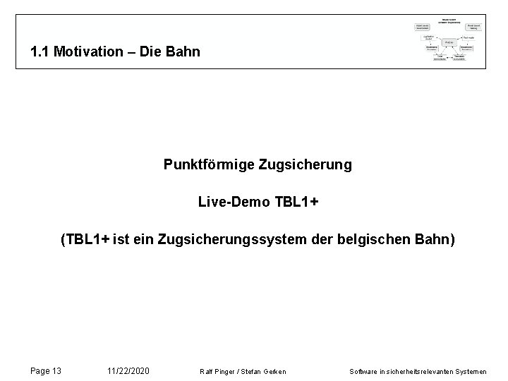 1. 1 Motivation – Die Bahn Punktförmige Zugsicherung Live-Demo TBL 1+ (TBL 1+ ist 1. 1 Motivation – Die Bahn Punktförmige Zugsicherung Live-Demo TBL 1+ (TBL 1+ ist