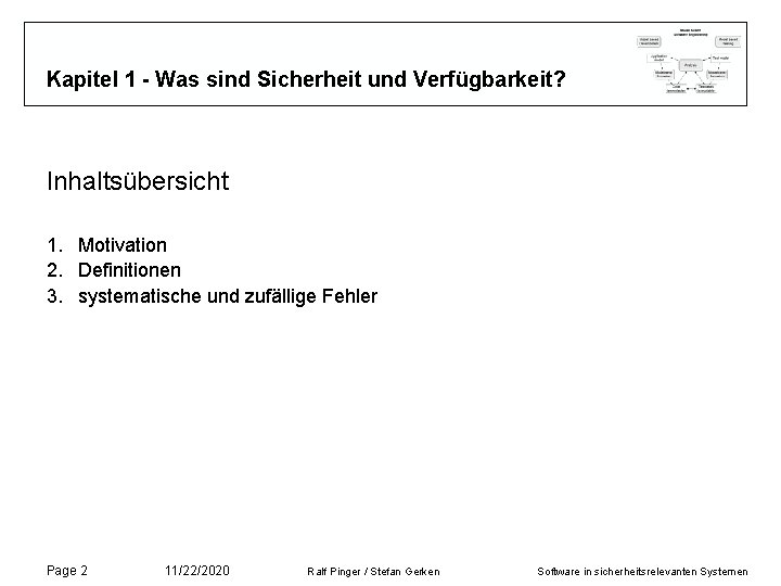 Kapitel 1 - Was sind Sicherheit und Verfügbarkeit? Inhaltsübersicht 1. Motivation 2. Definitionen 3. Kapitel 1 - Was sind Sicherheit und Verfügbarkeit? Inhaltsübersicht 1. Motivation 2. Definitionen 3.