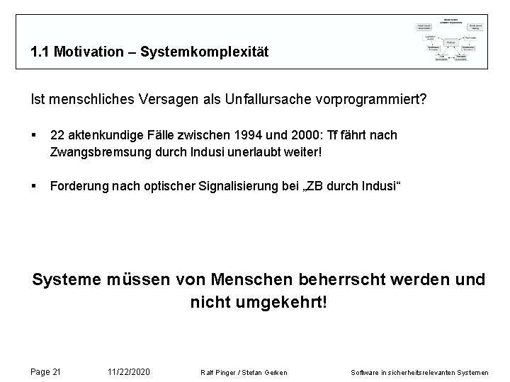 1. 1 Motivation – Systemkomplexität Ist menschliches Versagen als Unfallursache vorprogrammiert? § 22 aktenkundige 1. 1 Motivation – Systemkomplexität Ist menschliches Versagen als Unfallursache vorprogrammiert? § 22 aktenkundige