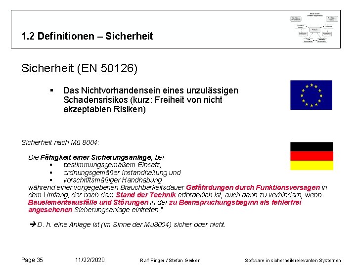 1. 2 Definitionen – Sicherheit (EN 50126) § Das Nichtvorhandensein eines unzulässigen Schadensrisikos (kurz: 1. 2 Definitionen – Sicherheit (EN 50126) § Das Nichtvorhandensein eines unzulässigen Schadensrisikos (kurz: