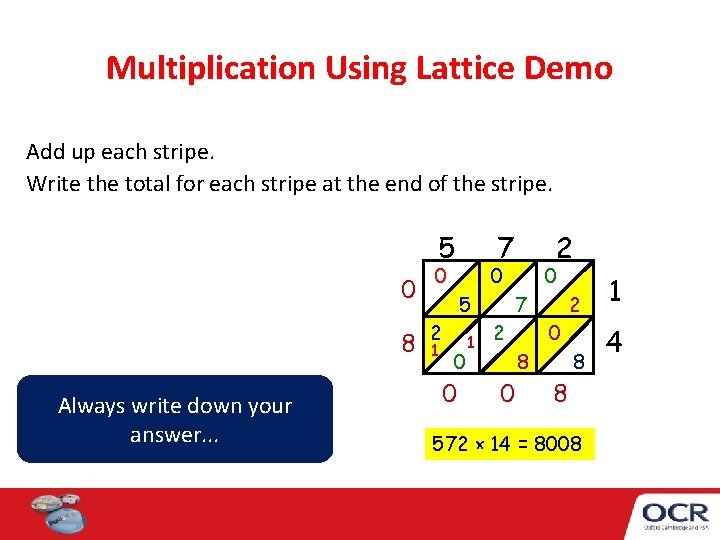 Multiplication Using Lattice Demo Add up each stripe. Write the total for each stripe