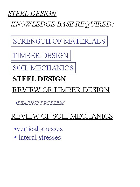 STEEL DESIGN KNOWLEDGE BASE REQUIRED: STRENGTH OF MATERIALS TIMBER DESIGN SOIL MECHANICS STEEL DESIGN
