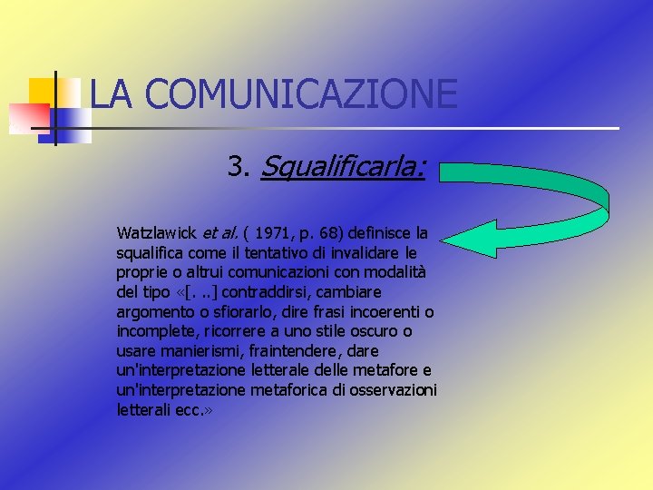 LA COMUNICAZIONE 3. Squalificarla: Watzlawick et al. ( 1971, p. 68) definisce la squalifica