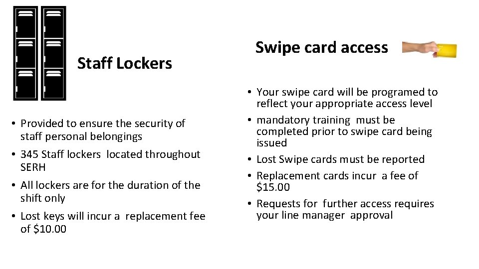 Staff Lockers • Provided to ensure the security of staff personal belongings • 345