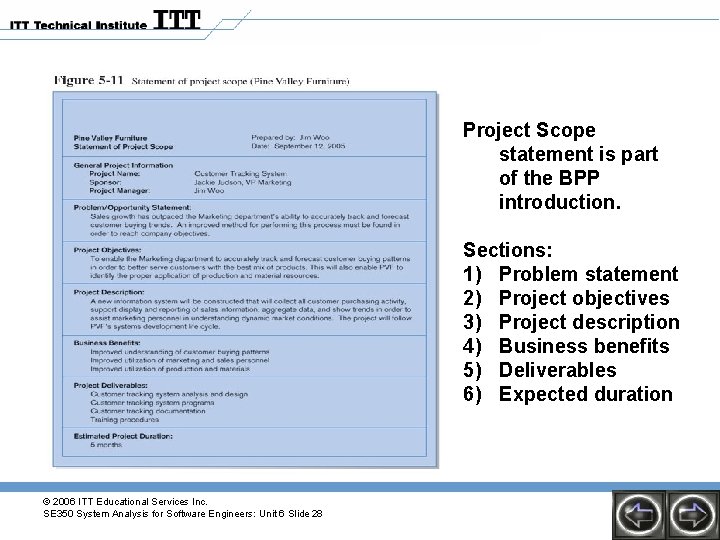 Project Scope statement is part of the BPP introduction. Sections: 1) Problem statement 2)