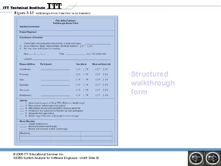 Structured walkthrough form © 2006 ITT Educational Services Inc. SE 350 System Analysis for