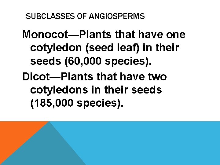 SUBCLASSES OF ANGIOSPERMS Monocot—Plants that have one cotyledon (seed leaf) in their seeds (60,