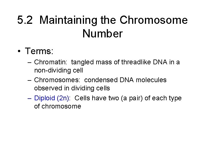 5. 2 Maintaining the Chromosome Number • Terms: – Chromatin: tangled mass of threadlike