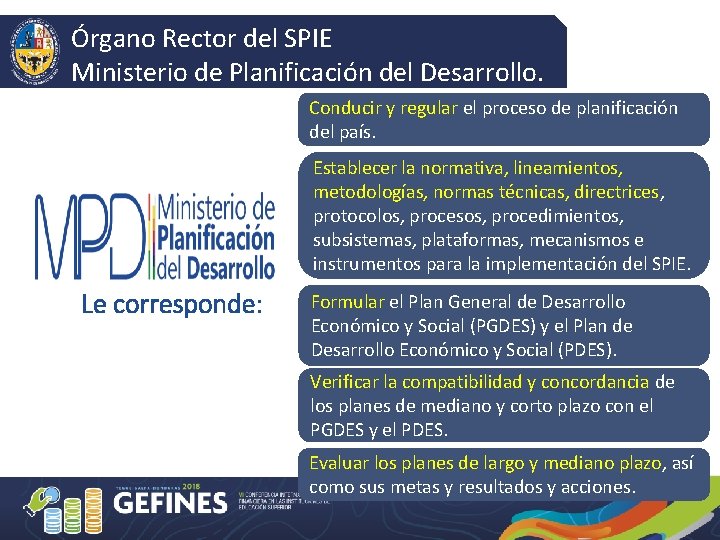 Órgano Rector del SPIE Ministerio de Planificación del Desarrollo. Conducir y regular el proceso