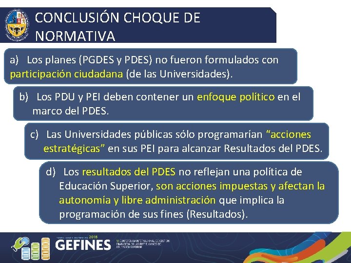 CONCLUSIÓN CHOQUE DE NORMATIVA a) Los planes (PGDES y PDES) no fueron formulados con