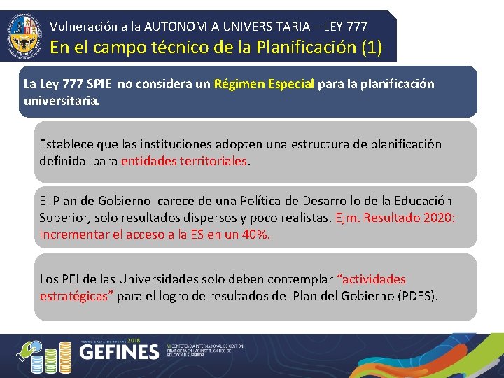 Vulneración a la AUTONOMÍA UNIVERSITARIA – LEY 777 En el campo técnico de la