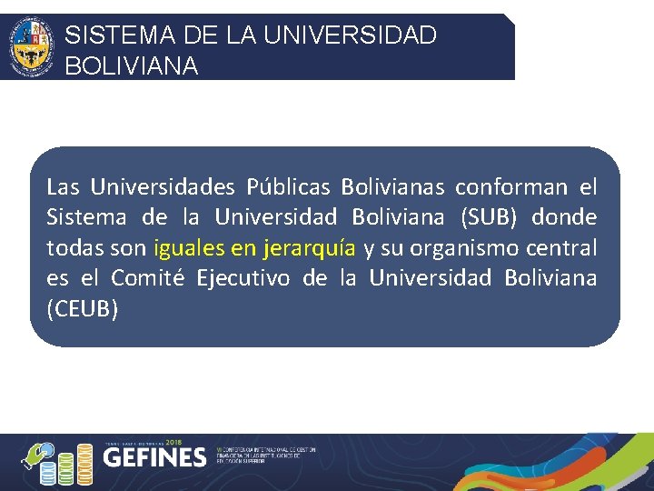 SISTEMA DE LA UNIVERSIDAD BOLIVIANA Las Universidades Públicas Bolivianas conforman el Sistema de la