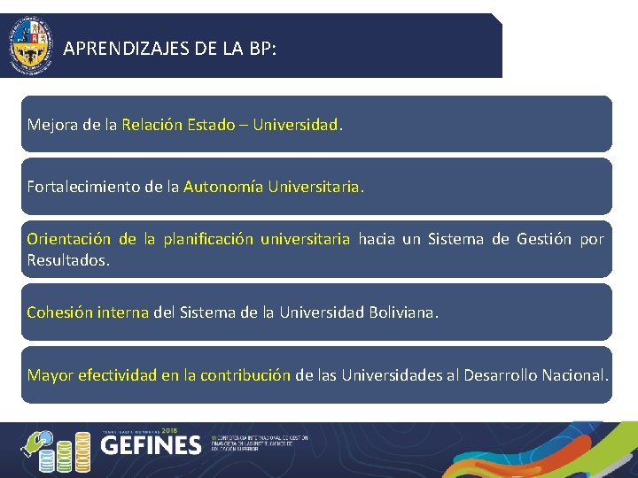 APRENDIZAJES DE LA BP: Mejora de la Relación Estado – Universidad. Fortalecimiento de la