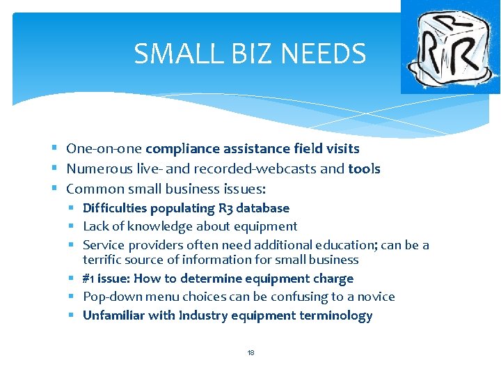 SMALL BIZ NEEDS § One-on-one compliance assistance field visits § Numerous live- and recorded-webcasts SMALL BIZ NEEDS § One-on-one compliance assistance field visits § Numerous live- and recorded-webcasts