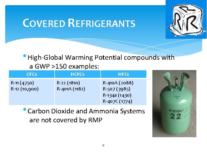 COVERED REFRIGERANTS • High-Global Warming Potential compounds with a GWP >150 examples: CFCs R-11 COVERED REFRIGERANTS • High-Global Warming Potential compounds with a GWP >150 examples: CFCs R-11