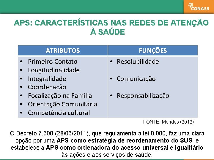 APS: CARACTERÍSTICAS NAS REDES DE ATENÇÃO À SAÚDE ATRIBUTOS • • Primeiro Contato Longitudinalidade