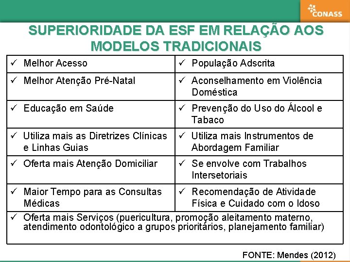 SUPERIORIDADE DA ESF EM RELAÇÃO AOS MODELOS TRADICIONAIS ü Melhor Acesso ü População Adscrita