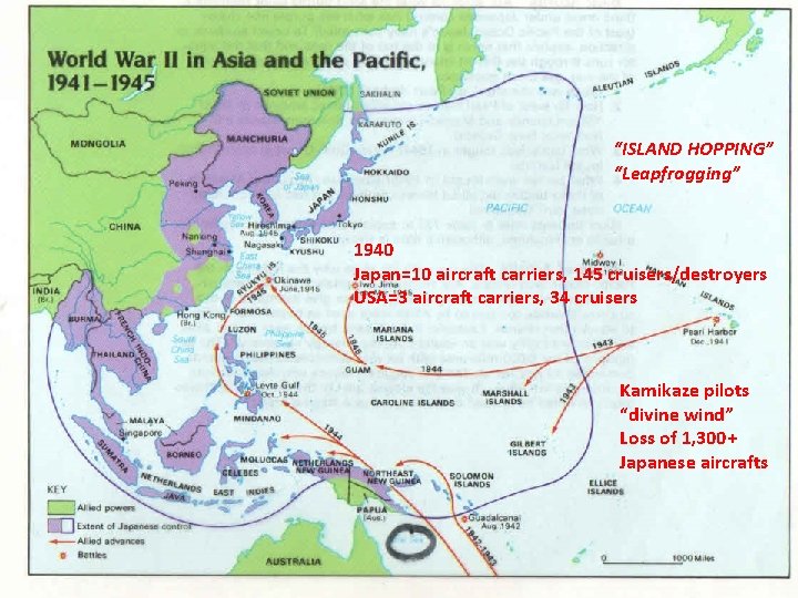 “ISLAND HOPPING” “Leapfrogging” 1940 Japan=10 aircraft carriers, 145 cruisers/destroyers USA=3 aircraft carriers, 34 cruisers