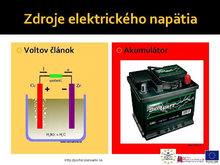 Zdroje elektrického napätia Voltov článok Akumulátor www. emnadruhu. sk www. tosa. sk http: //portal. Zdroje elektrického napätia Voltov článok Akumulátor www. emnadruhu. sk www. tosa. sk http: //portal.