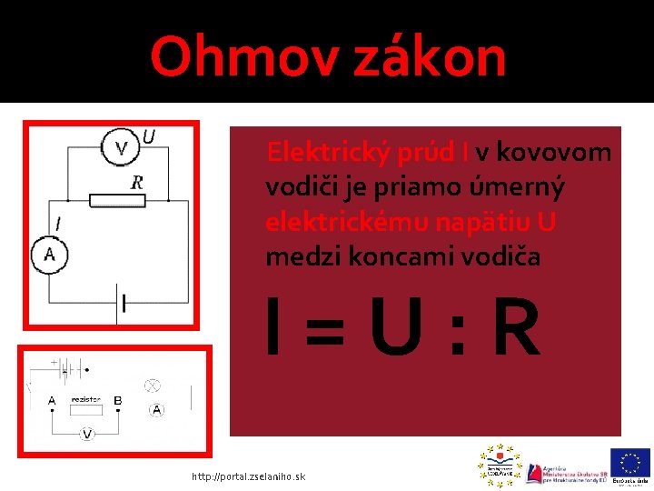 Ohmov zákon Elektrický prúd I v kovovom vodiči je priamo úmerný elektrickému napätiu U Ohmov zákon Elektrický prúd I v kovovom vodiči je priamo úmerný elektrickému napätiu U