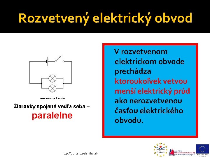 Rozvetvený elektrický obvod www. amper. ped. muni. cz Žiarovky spojené vedľa seba – paralelne Rozvetvený elektrický obvod www. amper. ped. muni. cz Žiarovky spojené vedľa seba – paralelne