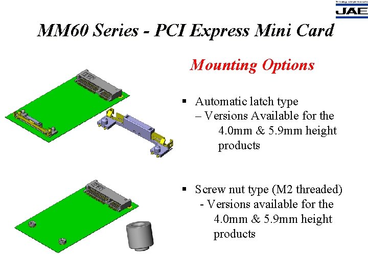 MM 60 Series - PCI Express Mini Card Mounting Options § Automatic latch type MM 60 Series - PCI Express Mini Card Mounting Options § Automatic latch type