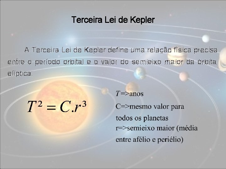 Terceira Lei de Kepler A Terceira Lei de Kepler define uma relação física precisa