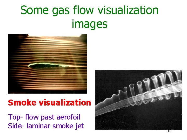 Some gas flow visualization images Smoke visualization Top- flow past aerofoil Side- laminar smoke Some gas flow visualization images Smoke visualization Top- flow past aerofoil Side- laminar smoke