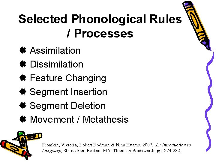 Selected Phonological Rules / Processes Assimilation Dissimilation Feature Changing Segment Insertion Segment Deletion Movement