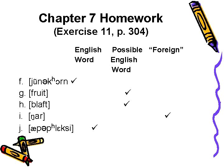 Chapter 7 Homework (Exercise 11, p. 304) English Word f. [jũnǝkhɔrn g. [fruit] h.