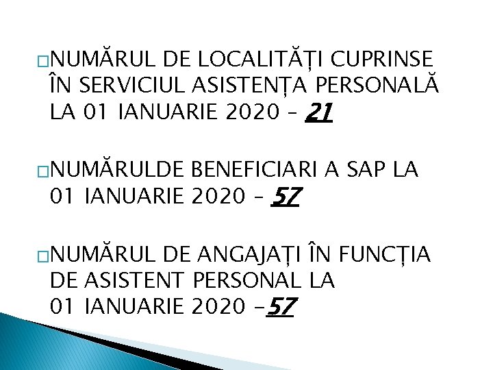 �NUMĂRUL DE LOCALITĂȚI CUPRINSE ÎN SERVICIUL ASISTENȚA PERSONALĂ LA 01 IANUARIE 2020 – 21