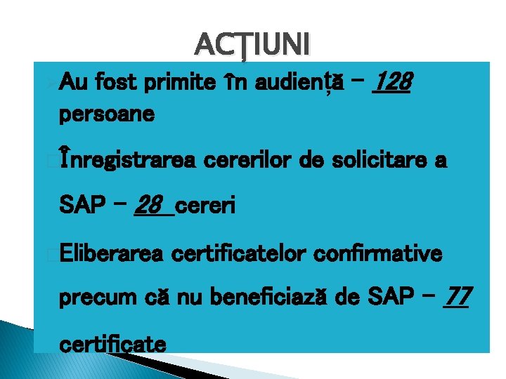 ACȚIUNI fost primite în audiență – 128 persoane ØAu �Înregistrarea cererilor de solicitare a