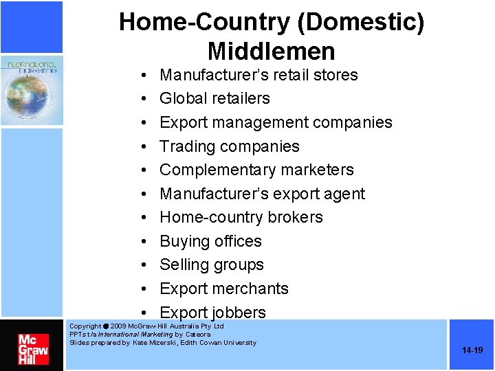 Home-Country (Domestic) Middlemen • • • Manufacturer’s retail stores Global retailers Export management companies