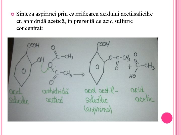  Sinteza aspirinei prin esterificarea acidului acetilsalicilic cu anhidridă acetică, în prezentă de acid