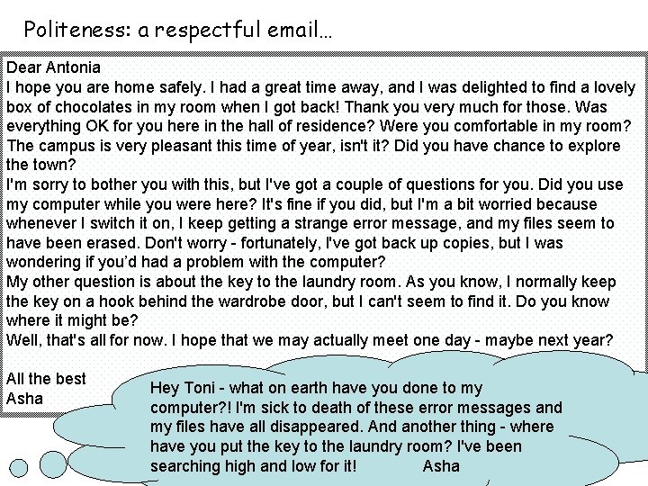Politeness: a respectful email… Dear Antonia I hope you are home safely. I had