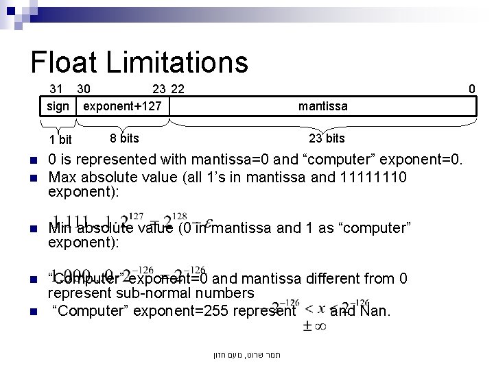 Float Limitations 31 30 23 22 sign exponent+127 1 bit n n 0 mantissa