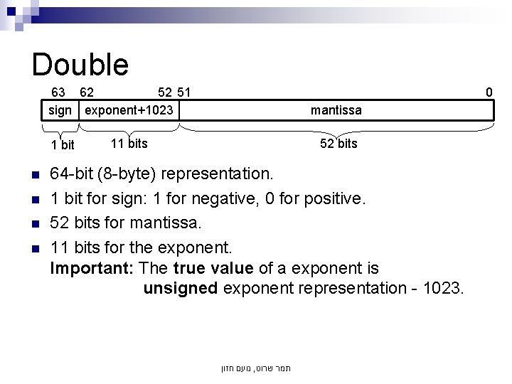 Double 63 62 52 51 sign exponent+1023 1 bit n n 0 mantissa 11