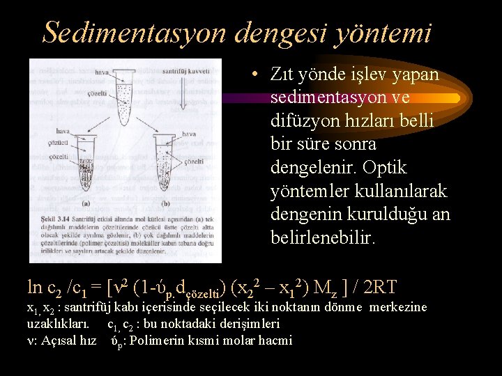 Sedimentasyon dengesi yöntemi • Zıt yönde işlev yapan sedimentasyon ve difüzyon hızları belli bir