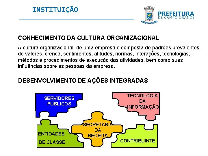 INSTITUIÇÃO CONHECIMENTO DA CULTURA ORGANIZACIONAL A cultura organizacional de uma empresa é composta de