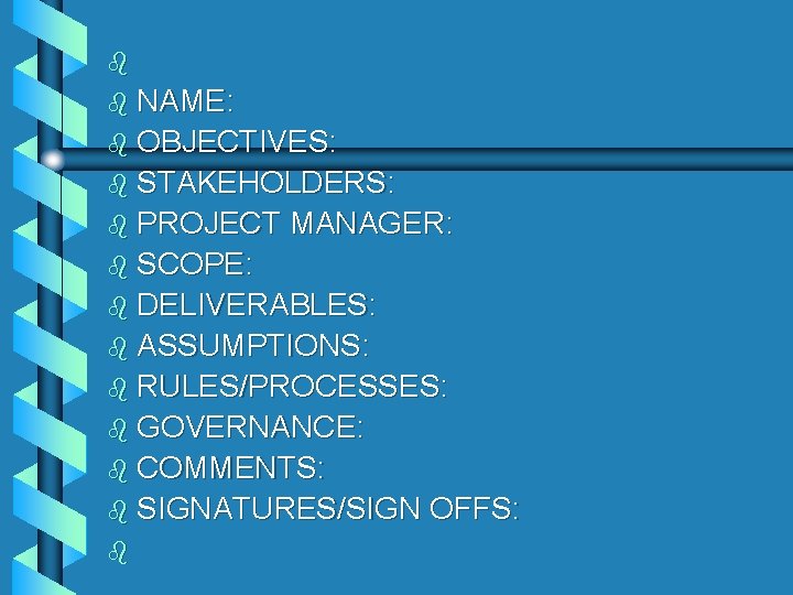 b b NAME: b OBJECTIVES: b STAKEHOLDERS: b PROJECT MANAGER: b SCOPE: b DELIVERABLES: