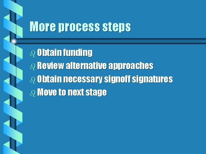 More process steps b Obtain funding b Review alternative approaches b Obtain necessary signoff