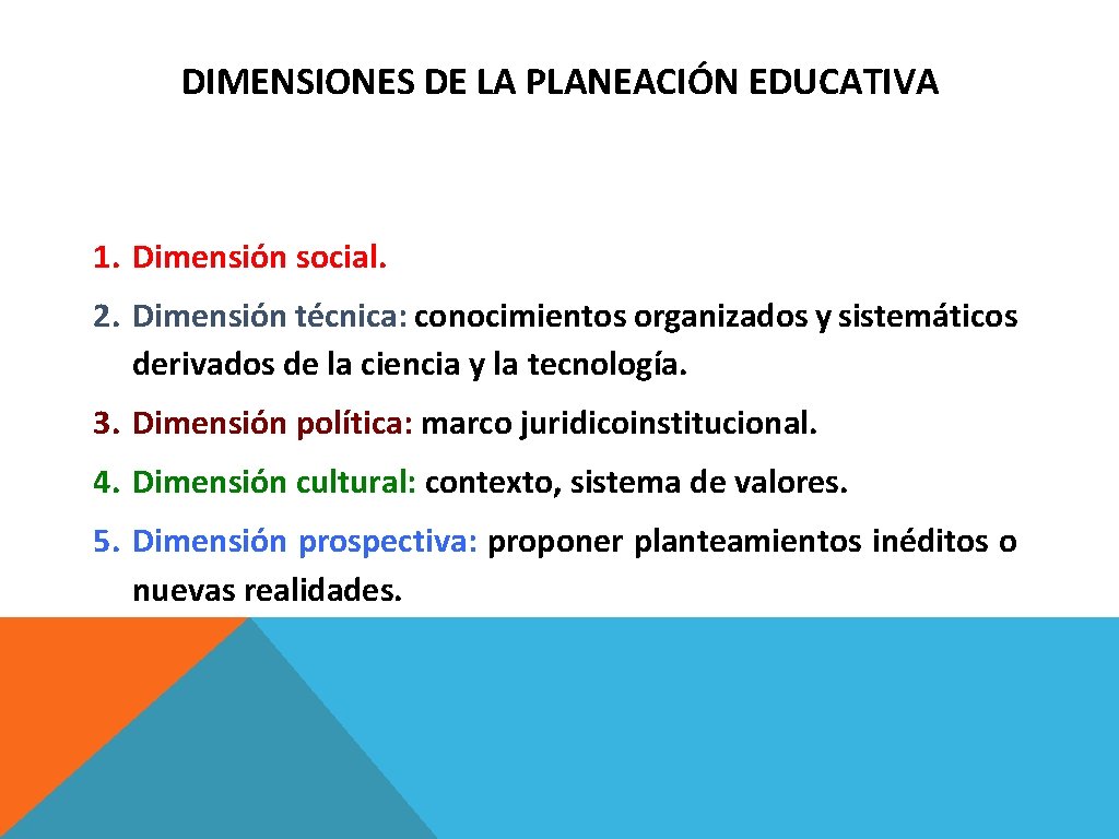 DIMENSIONES DE LA PLANEACIÓN EDUCATIVA 1. Dimensión social. 2. Dimensión técnica: conocimientos organizados y