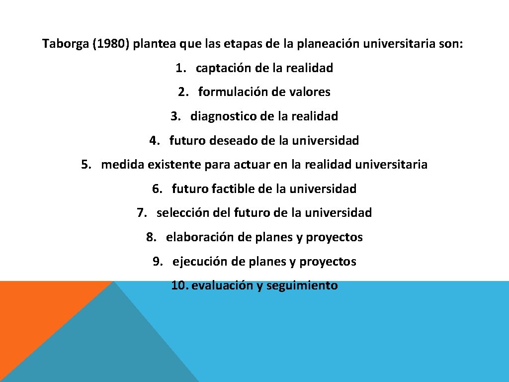 Taborga (1980) plantea que las etapas de la planeación universitaria son: 1. captación de