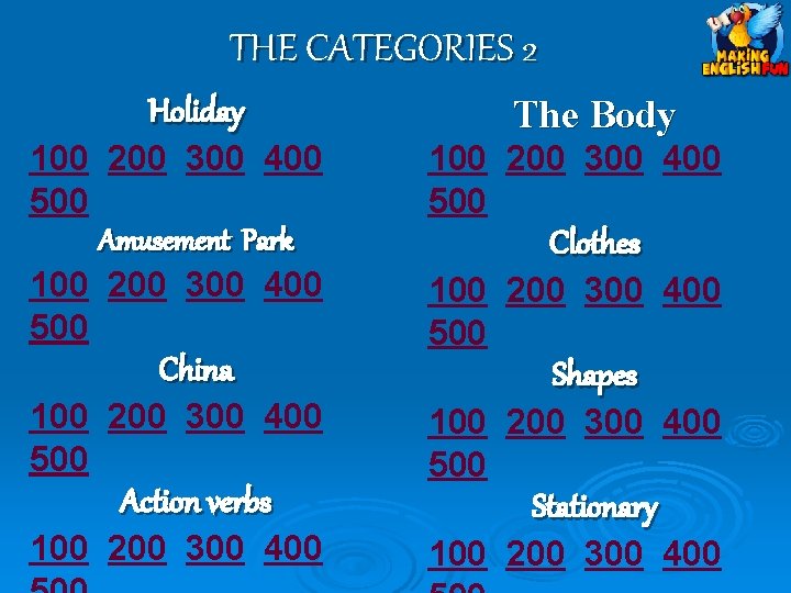 THE CATEGORIES 2 Holiday 100 200 300 400 500 Amusement Park 100 200 300