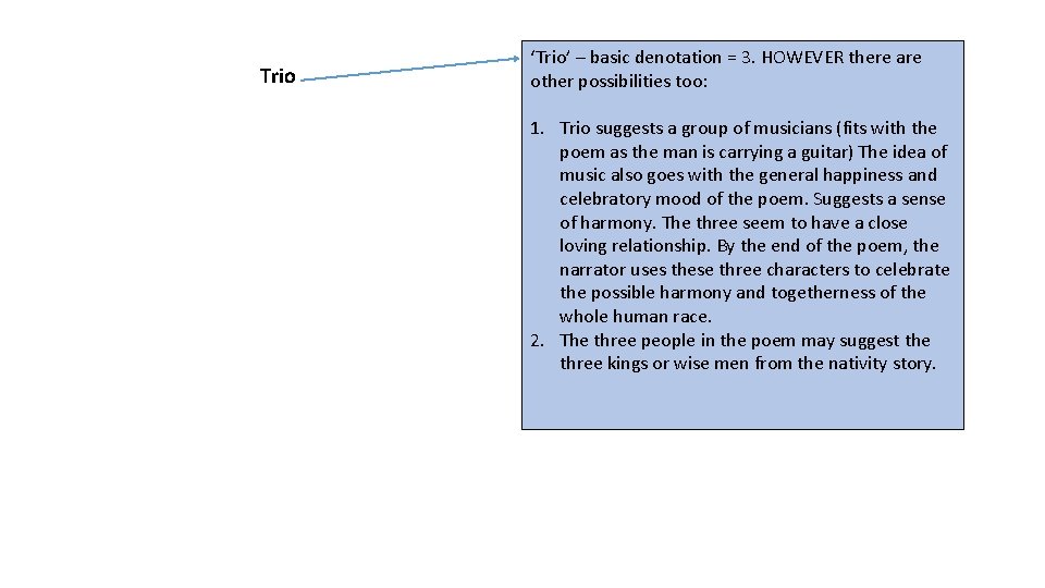 Trio ‘Trio’ – basic denotation = 3. HOWEVER there are other possibilities too: 1.