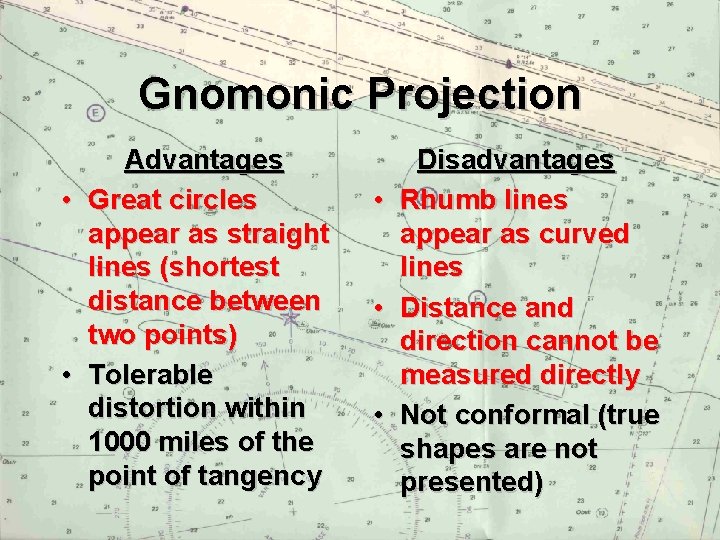 Gnomonic Projection Advantages • Great circles appear as straight lines (shortest distance between two